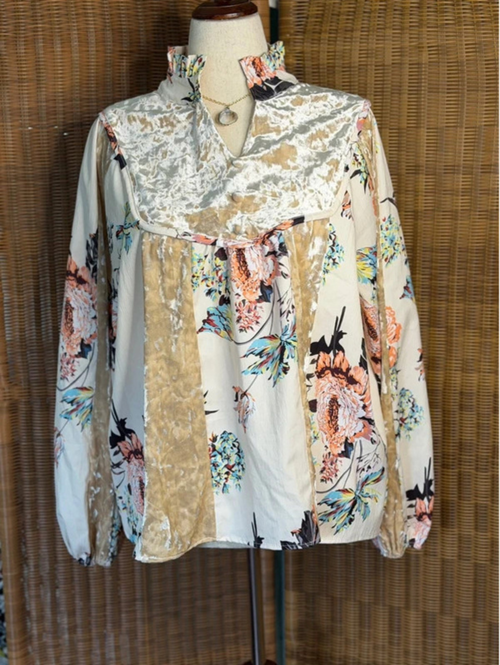 Boho Velour  and silky Floral long sleeve Top -2XL